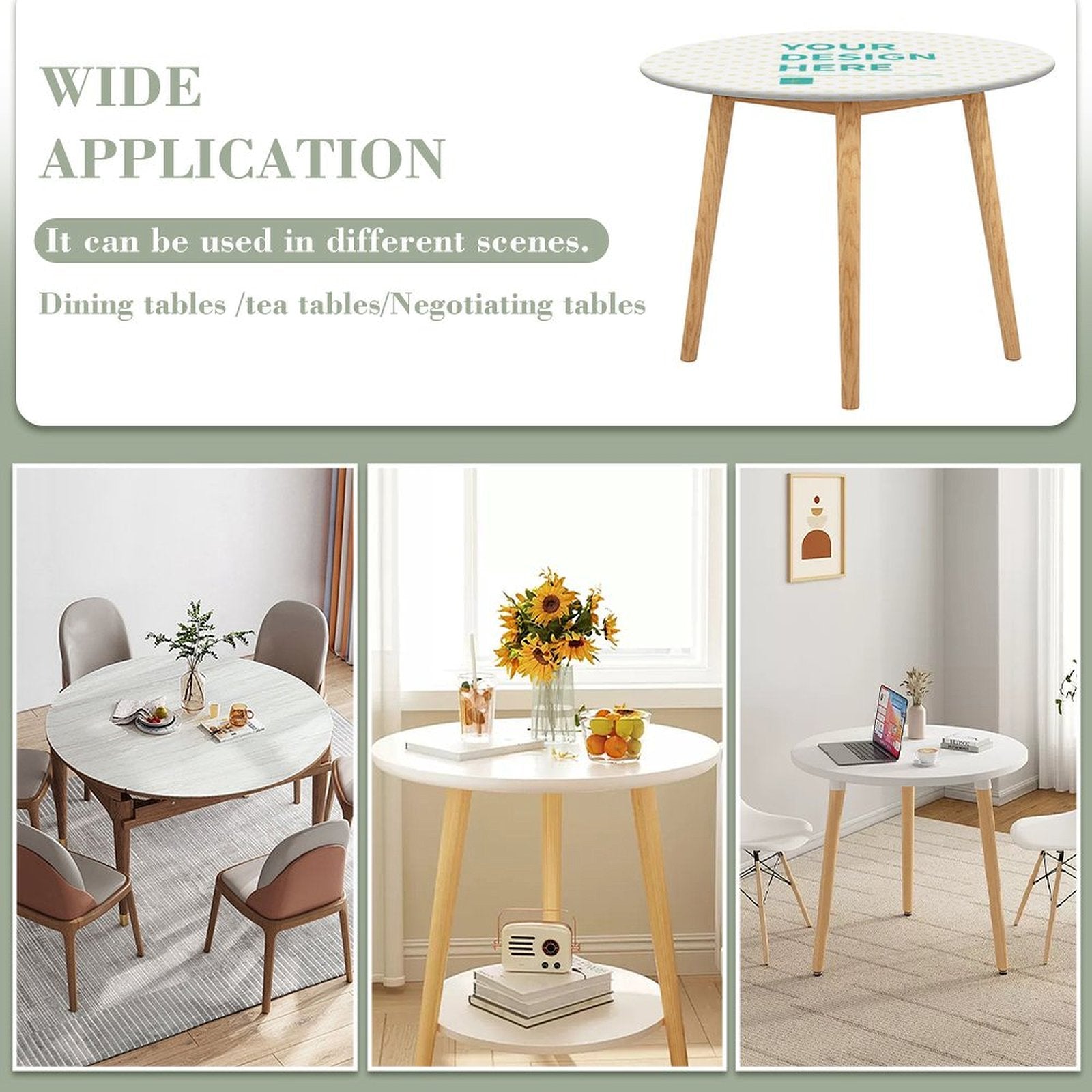 Personalized round table with custom design, suitable for dining, tea, and negotiation spaces. White top and wooden legs.