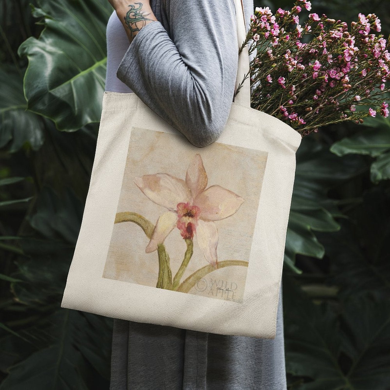 Orchid tote bag with Wild Apple art, perfect for shopping, reusable, and eco-friendly cotton bag.