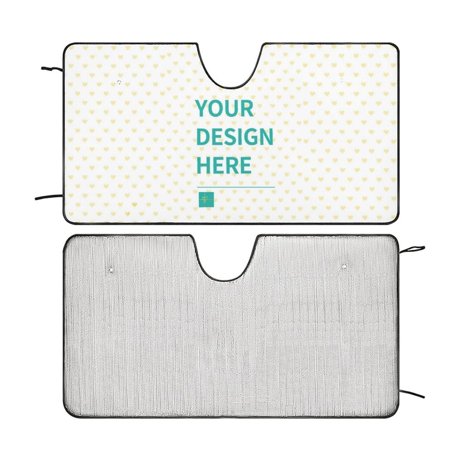 Personalized car sunshade with custom design and UV protection, featuring "YOUR DESIGN HERE" text.