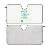 Personalized car sunshade with custom design and UV protection, featuring "YOUR DESIGN HERE" text.