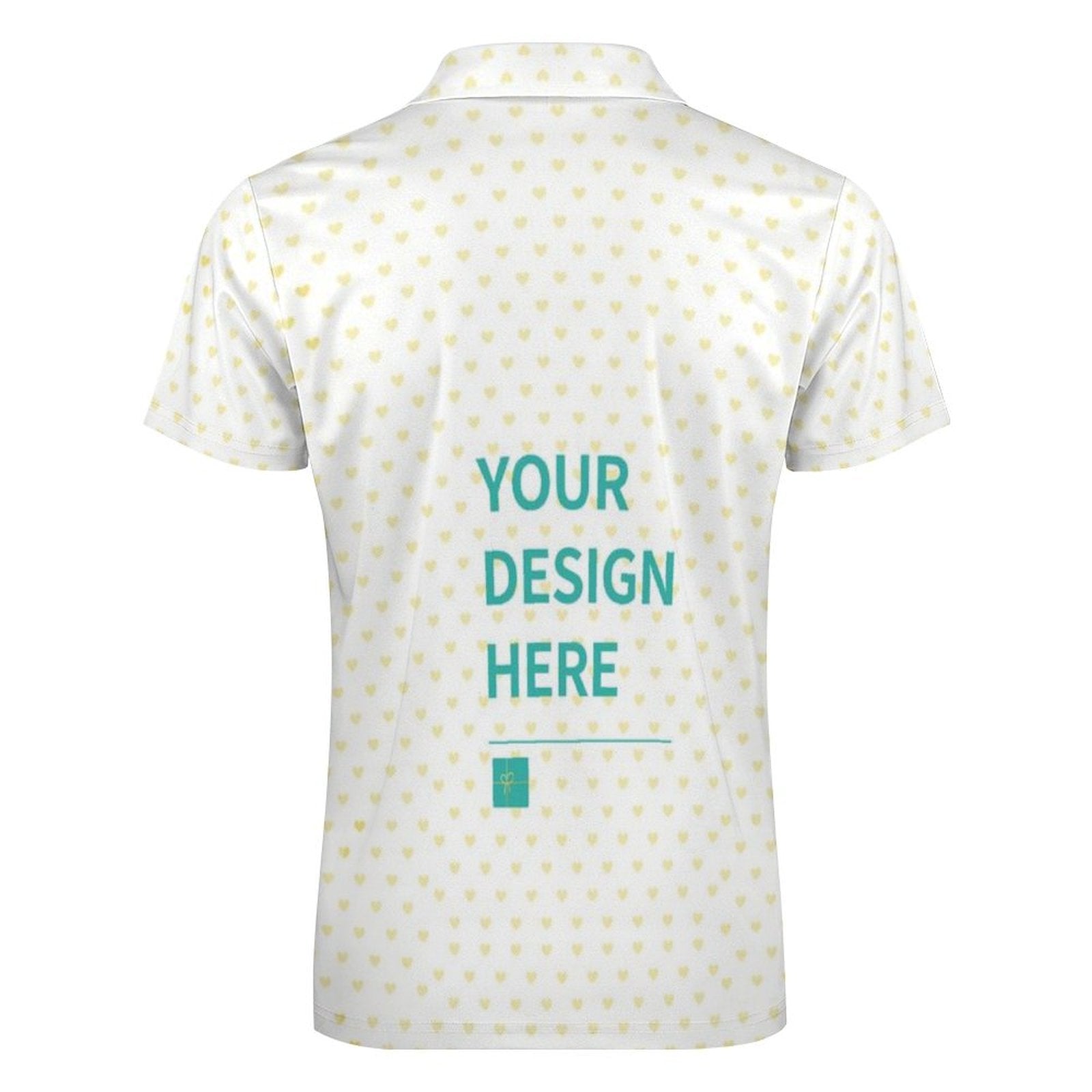 Customizable men's polo shirt with heart pattern, 'Your design here' back view, short sleeve, breathable work shirt