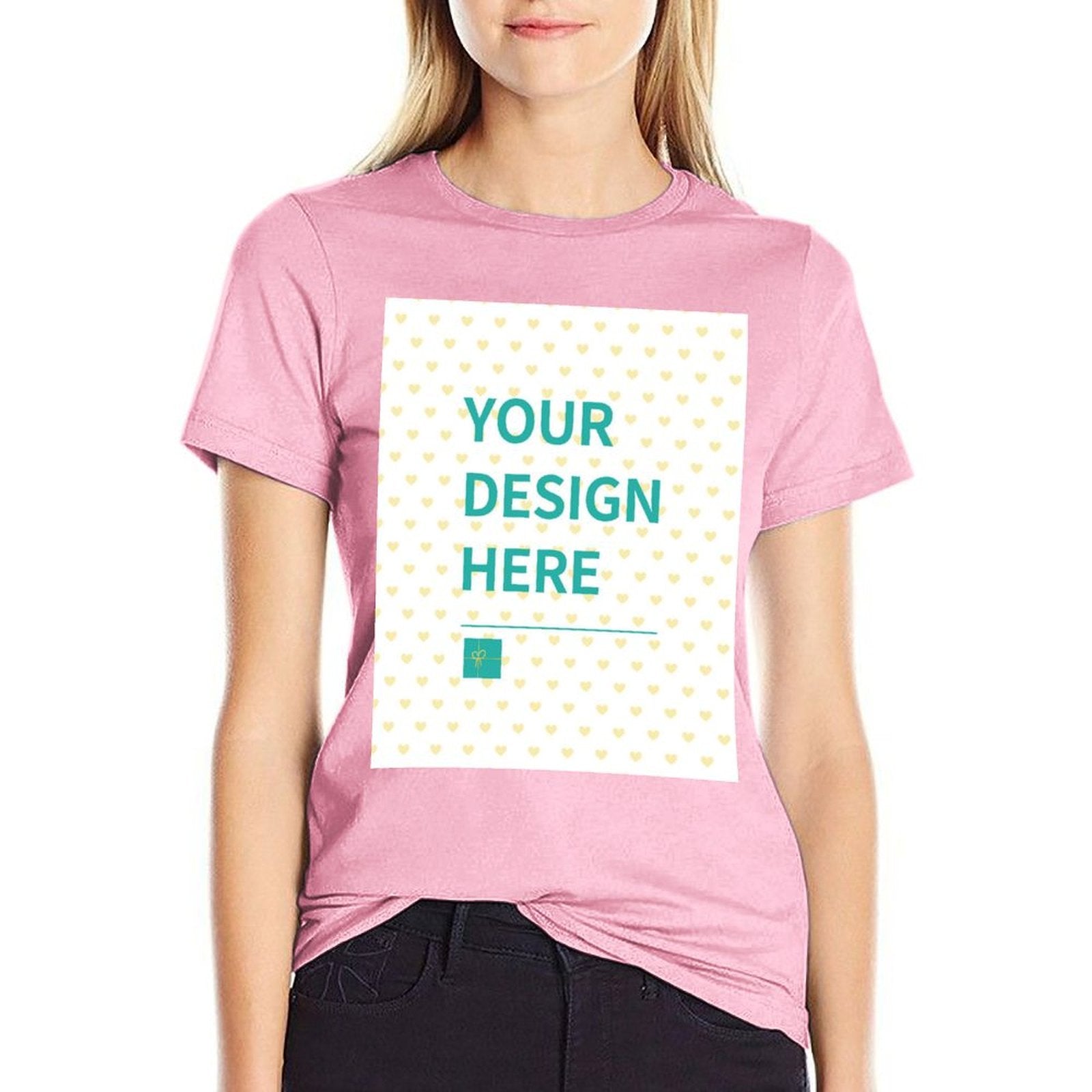 Custom pink women's summer t-shirt with 'YOUR DESIGN HERE' design, round neck, short sleeves. Customizable fashion.