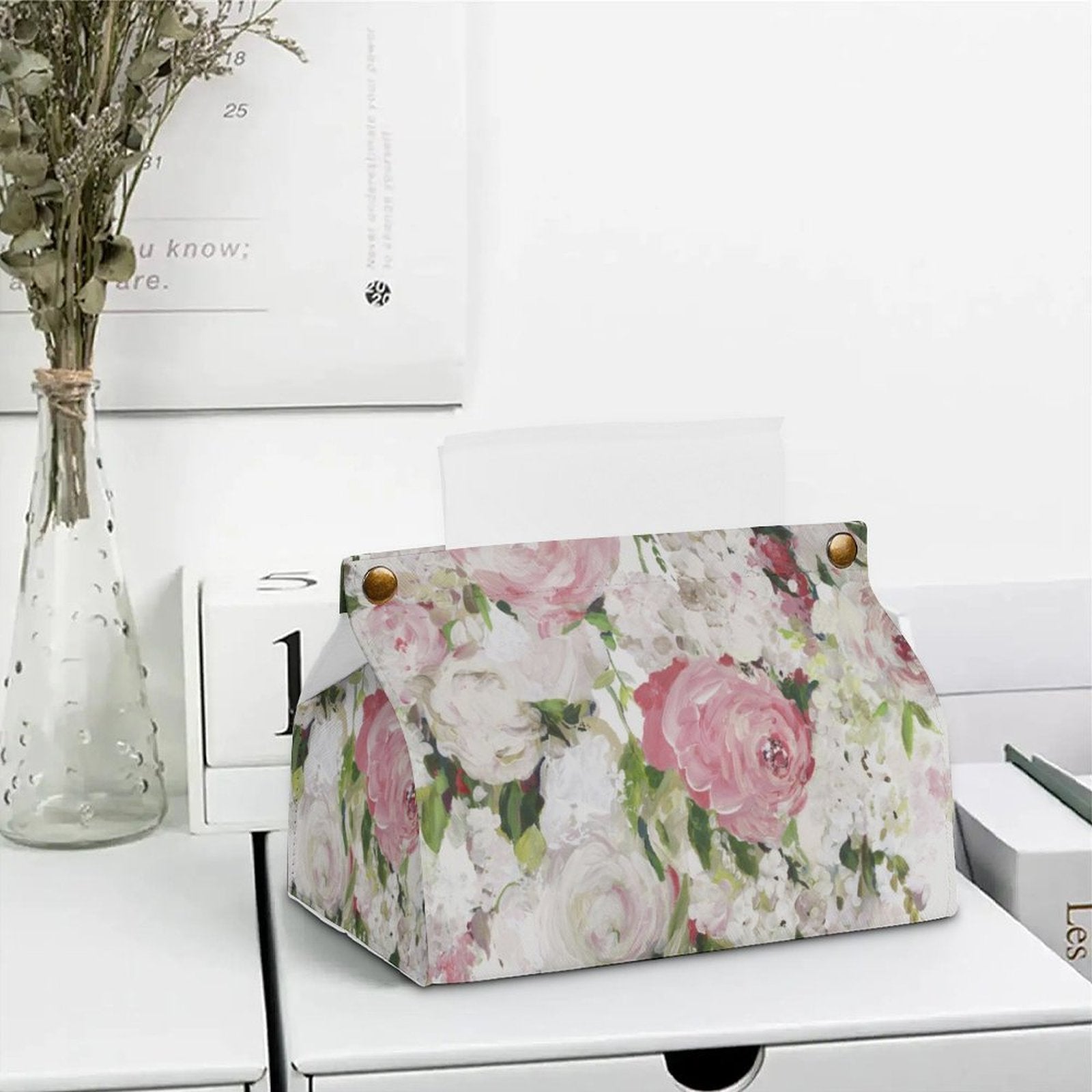 Floral PU tissue box cover, rectangular design, ideal for bathroom, office, or home use, featuring pink roses.