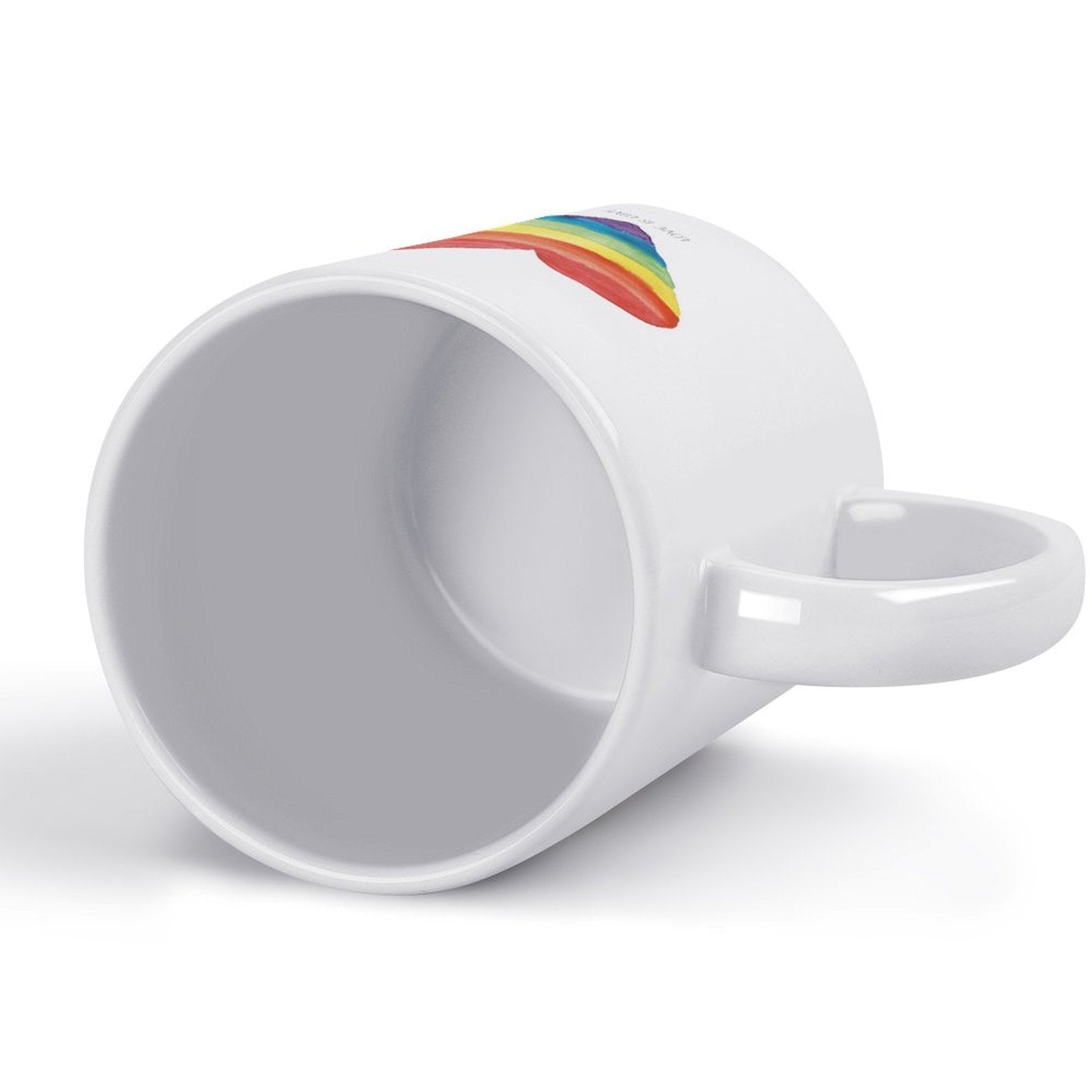 White ceramic coffee mug with rainbow heart, 'Love is Love' text, Pride gift.