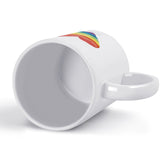 White ceramic coffee mug with rainbow heart, 'Love is Love' text, Pride gift.