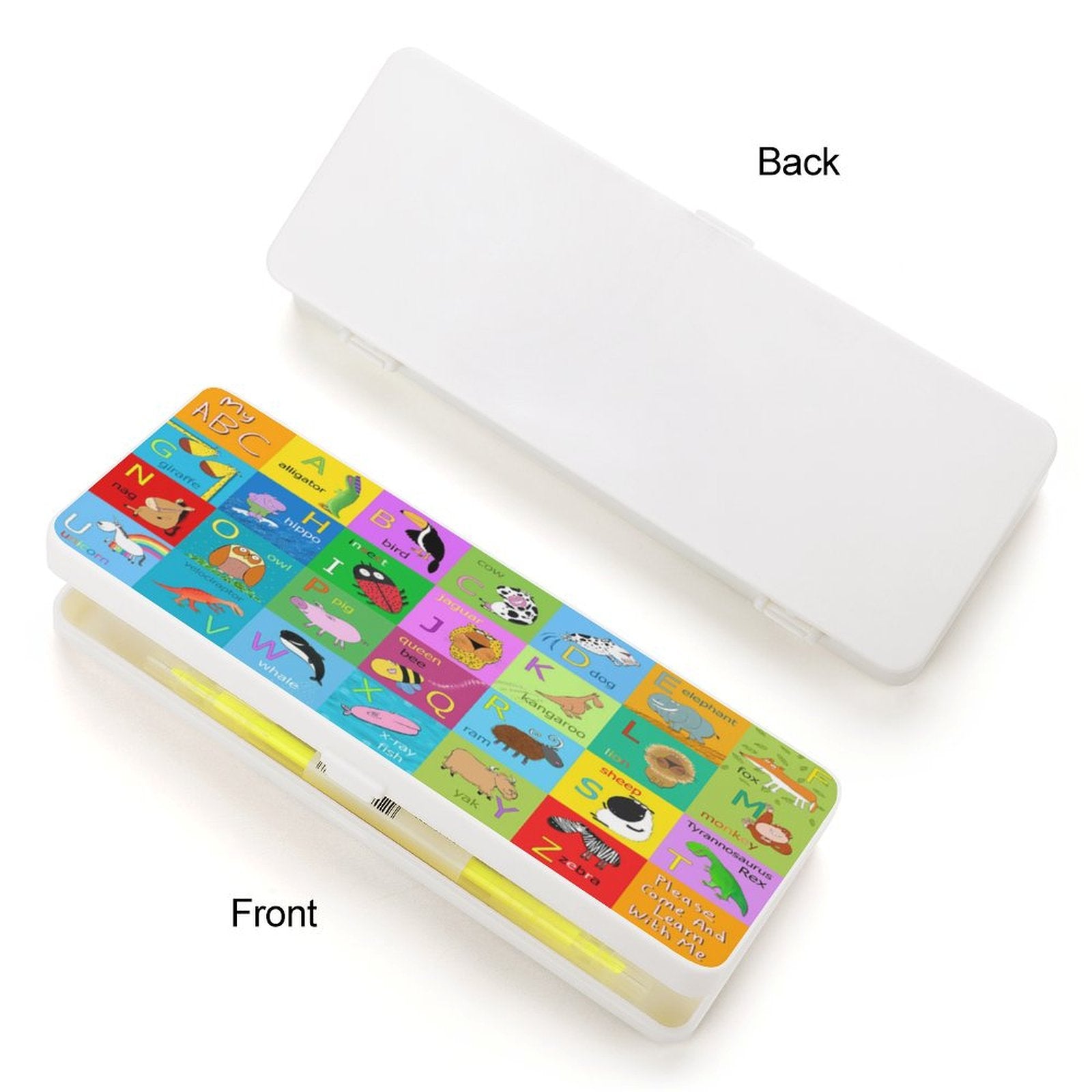 Kids' ABC pencil box with animals. Durable plastic case with colorful illustrations, perfect for school and office use.