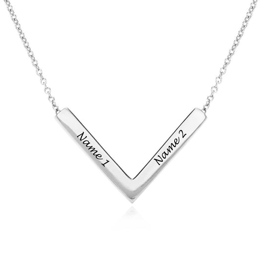 Custom V-Shaped Bar Pendant Necklace, Personalized with Names, Silver/Copper Option