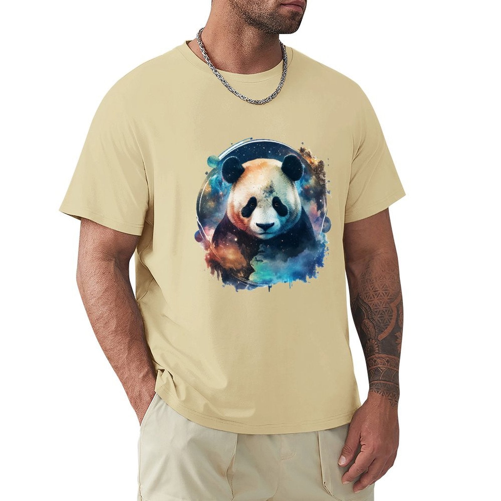 Men's beige crew neck t-shirt with panda galaxy design, MyArtsyGift classic tee, comfortable cotton.