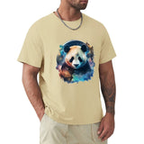 Men's tan crew neck t-shirt with watercolor panda graphic, comfortable cotton tee from MyArtsyGift