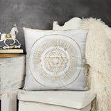 White plush pillow cover with gold geometric celestial design, perfect for sofa or couch, short plush material
