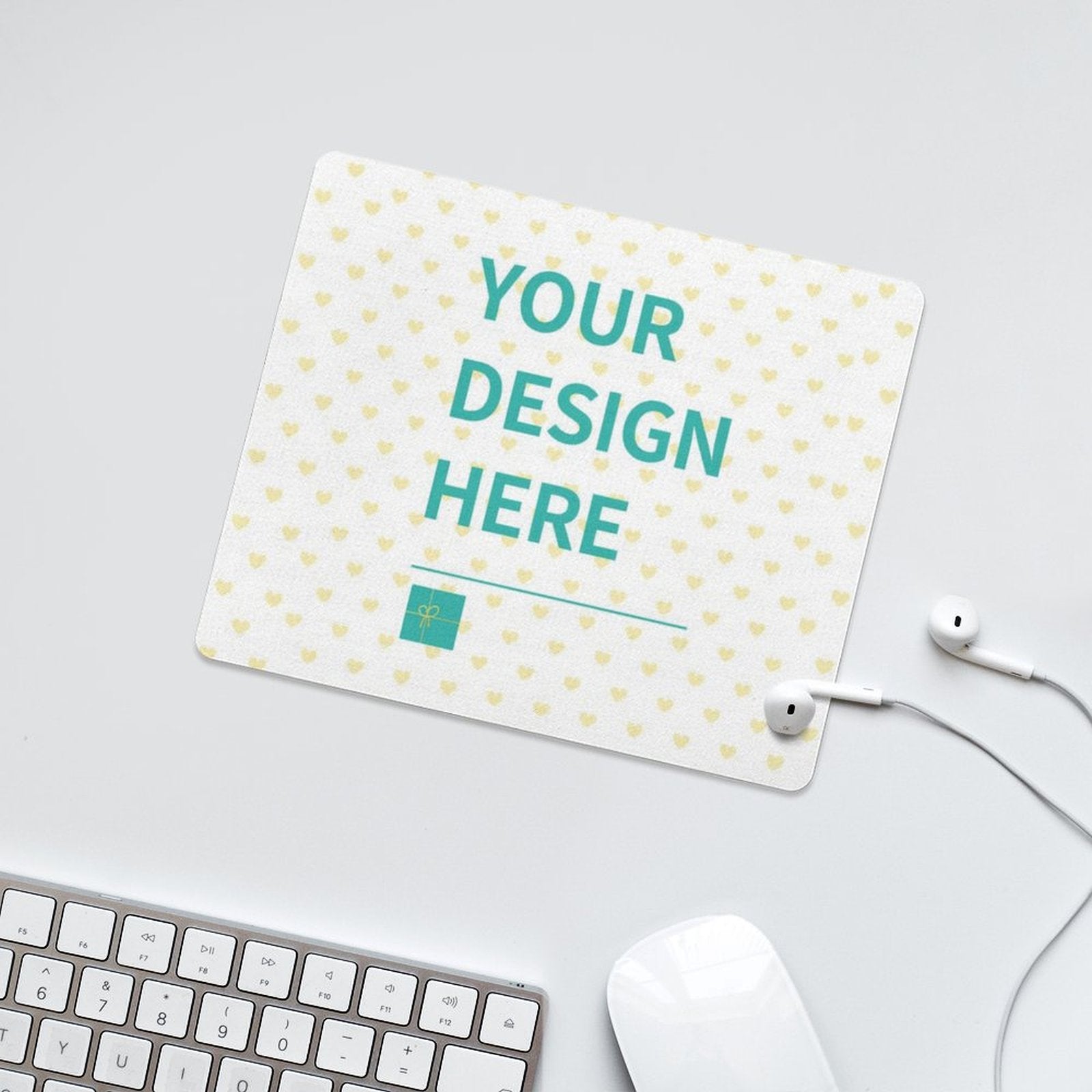 Customizable mouse pad with "YOUR DESIGN HERE" text and heart pattern, perfect for gaming and offices.