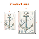 Nautical anchor metal signs, "Nautical Supply & Co." text, retro decor, iron wall art, with product size dimensions.
