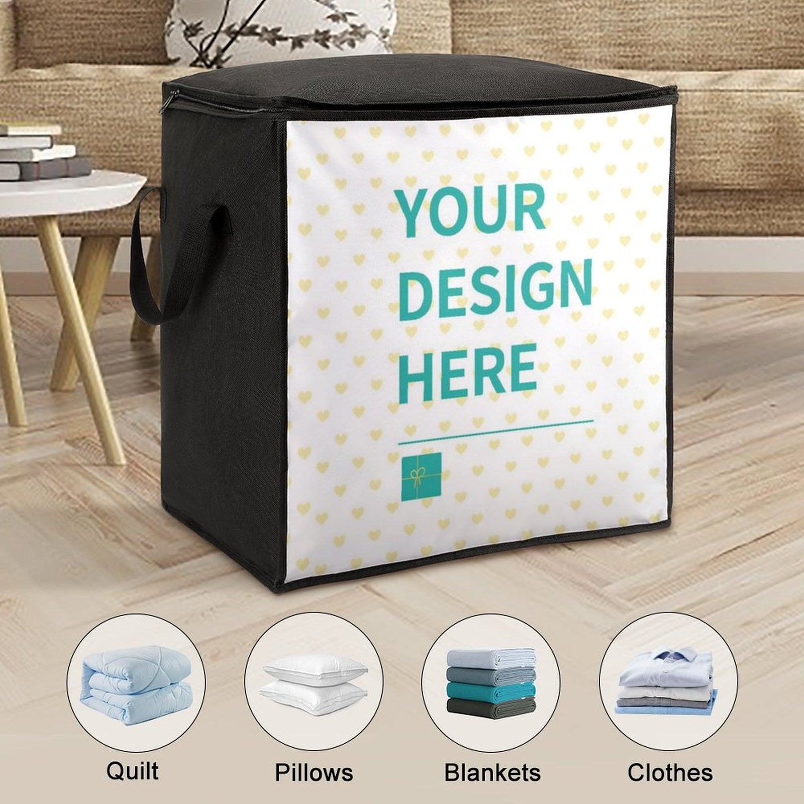 Customizable large clothes storage bag with "YOUR DESIGN HERE" design, ideal for blanket, comforter and bedding storage.