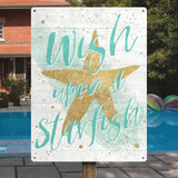 Aqua starfish metal sign with 'Wish upon a Starfish' quote, USA made, shiplap design for beach decor.