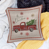 Christmas pillow cover in cotton linen with red truck and tree, Merry Christmas decor