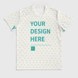 Customizable men's short sleeve graphic t-shirt with 'YOUR DESIGN HERE' design, ultra-soft mesh fabric from MyArtsyGift.com
