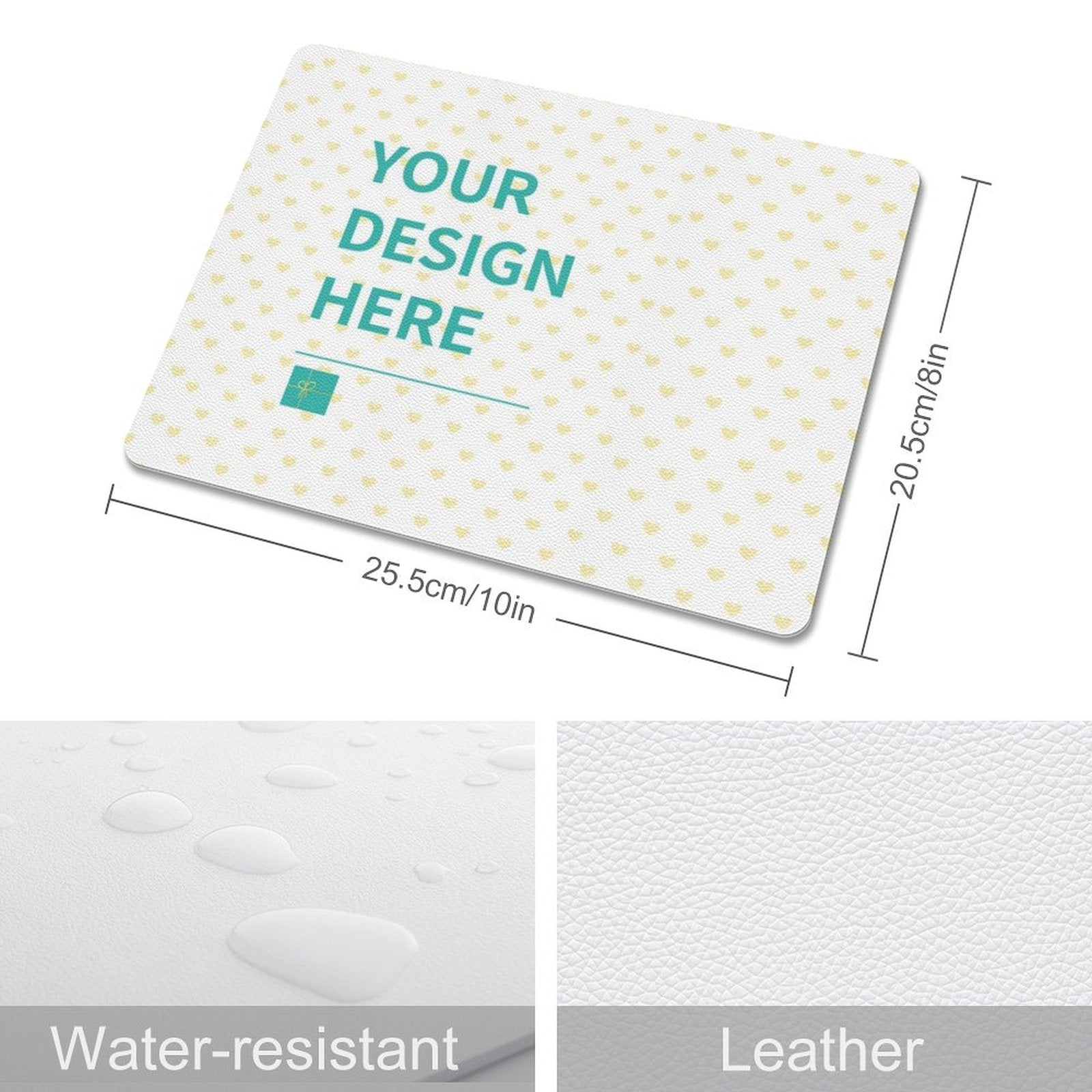 Customizable leather mouse pad with YOUR DESIGN HERE text, water-resistant and made of leather for office and home use.