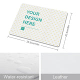 Customizable leather mouse pad with YOUR DESIGN HERE text, water-resistant and made of leather for office and home use.