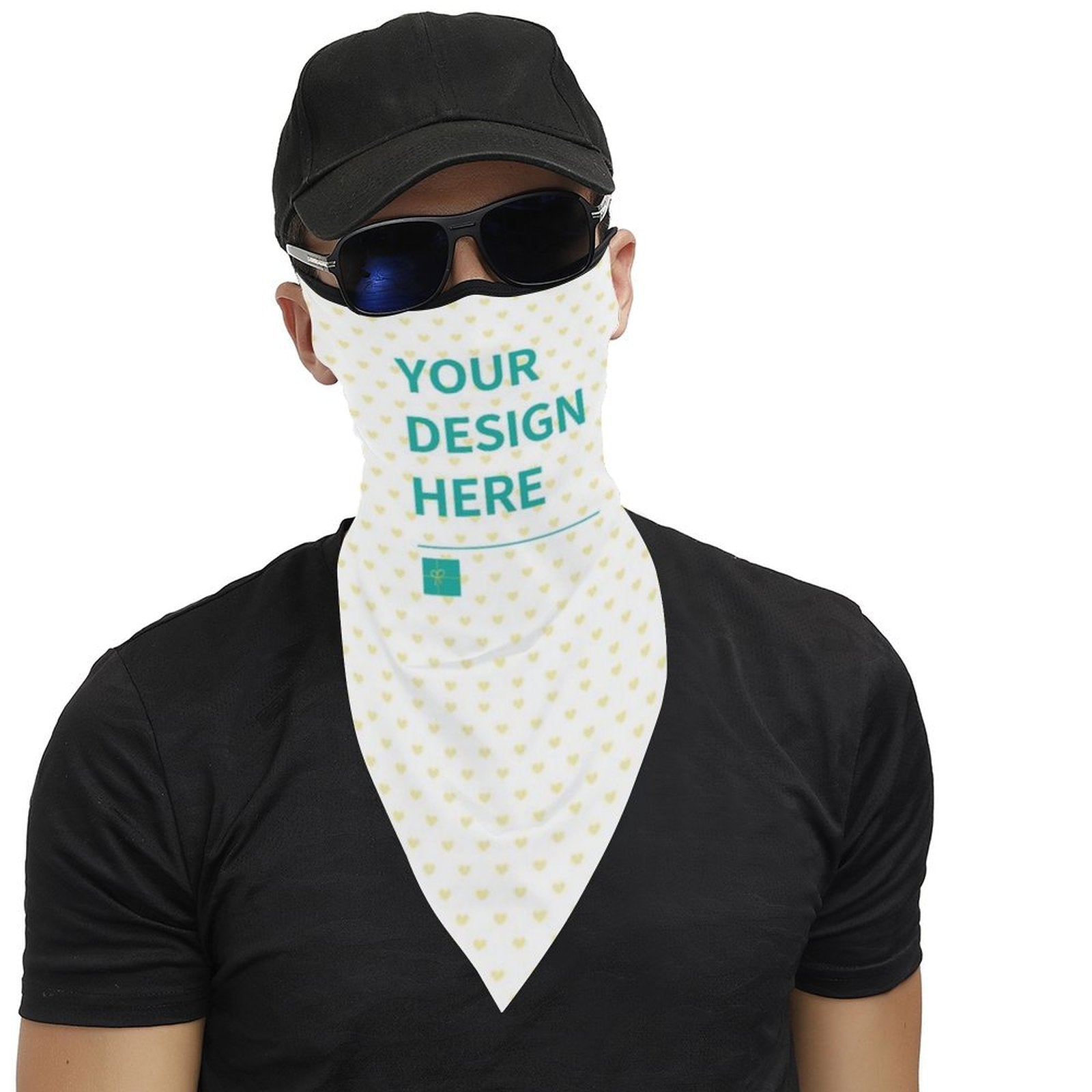 Custom neck gaiter with ear loops, "YOUR DESIGN HERE" face covering, ideal for outdoor activities