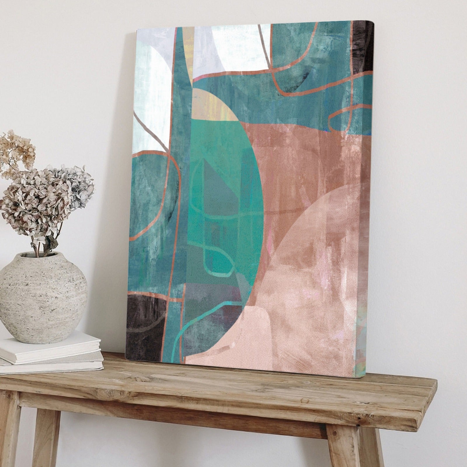 Teal and brown abstract wall art canvas painting for living room decor. Modern geometric canvas print.