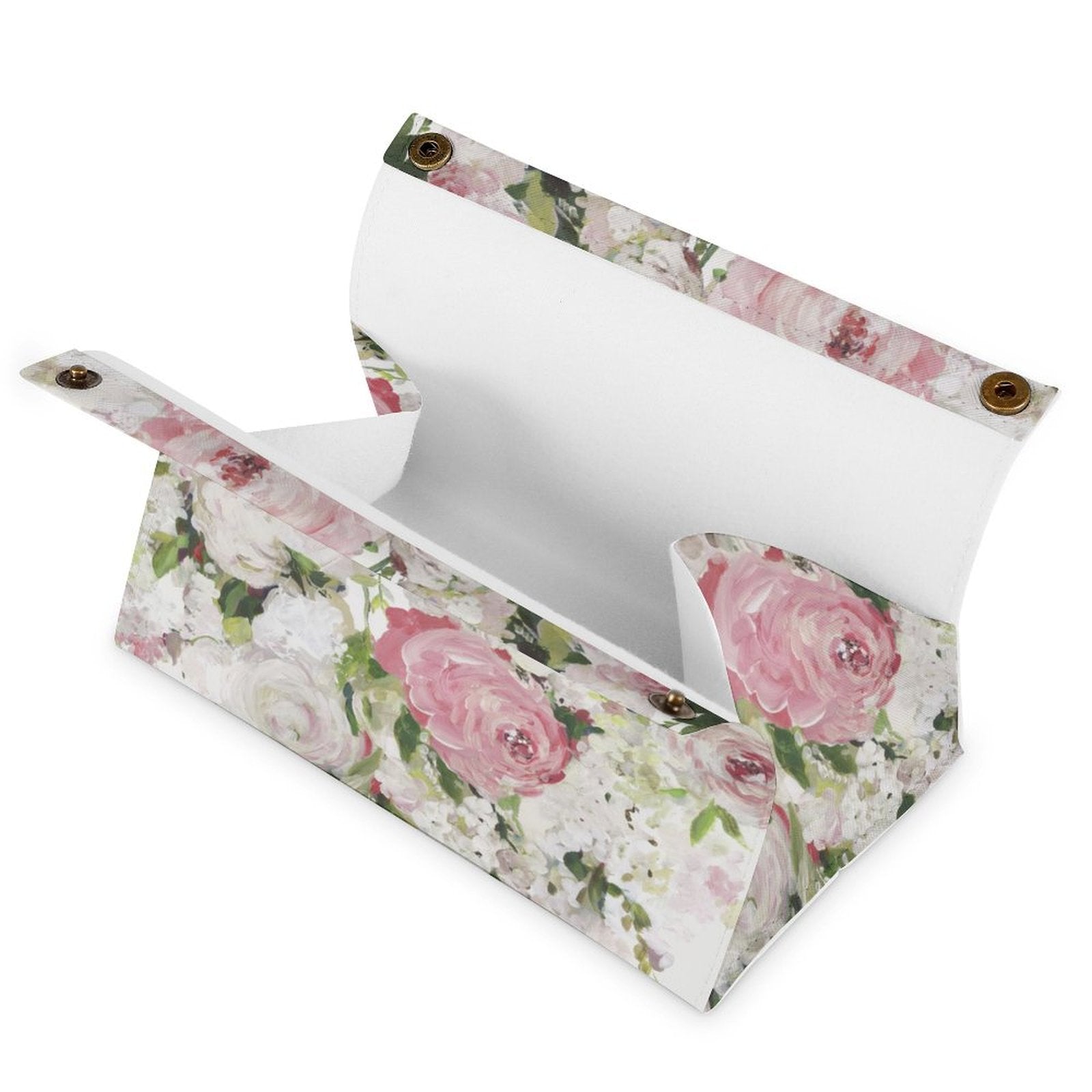 Floral tissue box cover made of PU, Rectangular facial tissue holder with pink roses, ideal for bathroom or office.