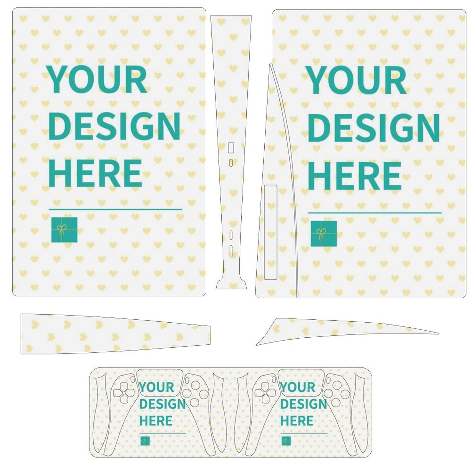 Custom PS5 skin diagram with "YOUR DESIGN HERE" text, patterned with yellow hearts, and controller skins.