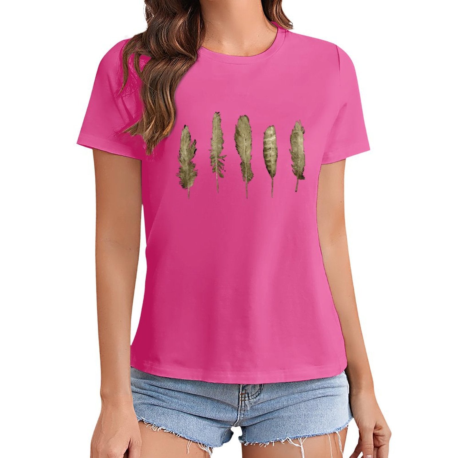 Pink women's short sleeve t-shirt with gold feather graphic print, MyArtsyGift