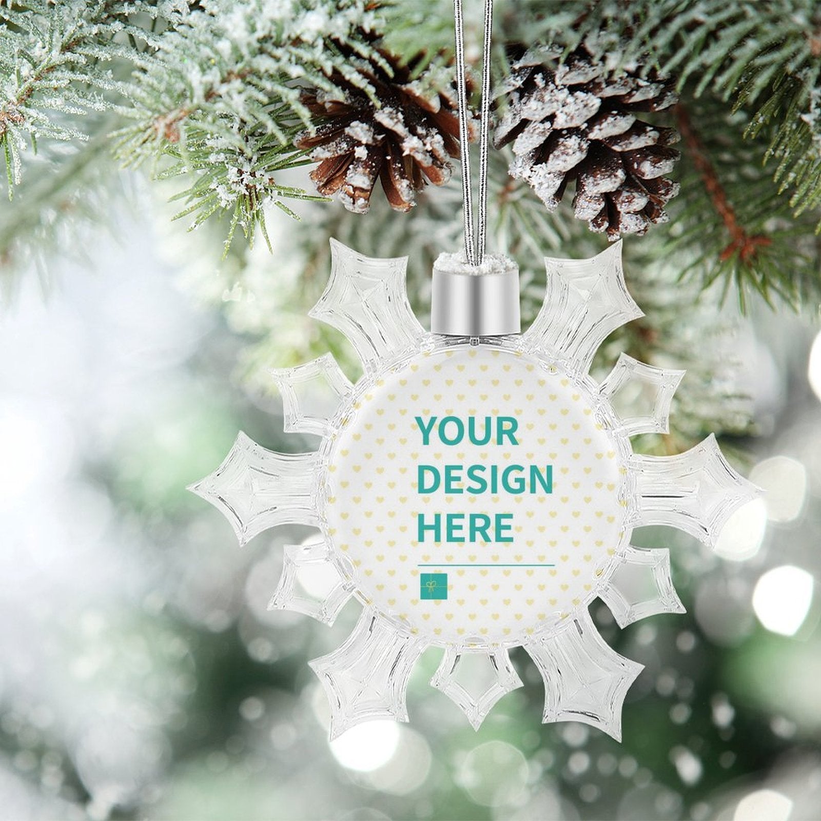 Personalized snowflake Christmas ornament with custom design area, perfect for Xmas decor, hanging decoration