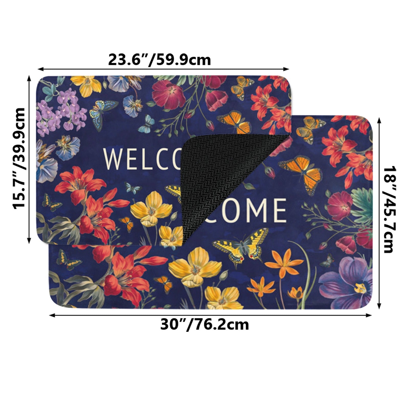 Butterfly and floral welcome doormat with dark blue background for indoor/outdoor use, rubber floor mat