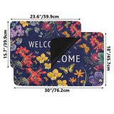 Butterfly and floral welcome doormat with dark blue background for indoor/outdoor use, rubber floor mat