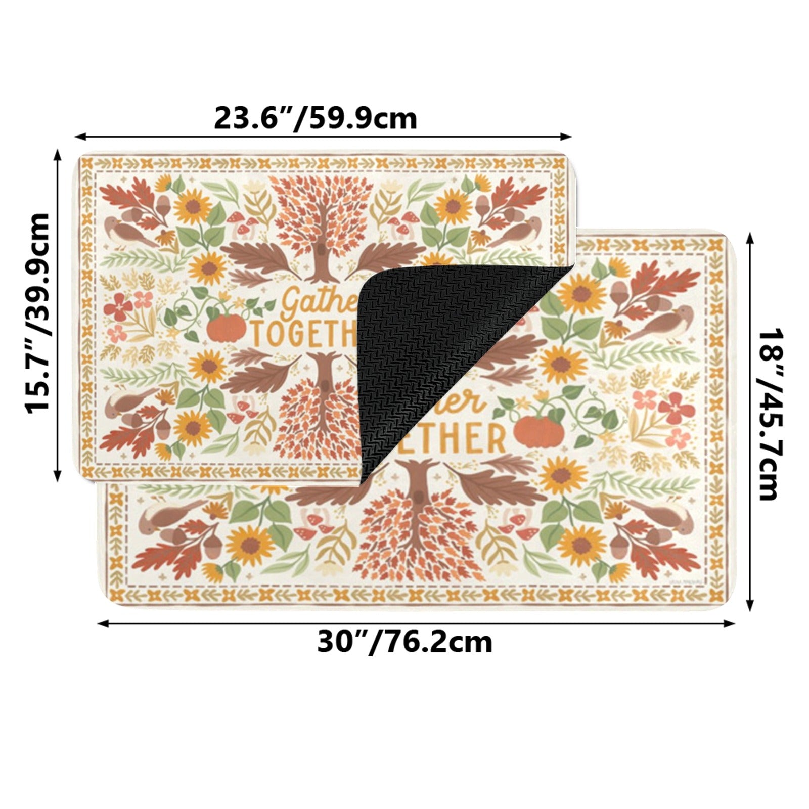 Autumn doormat with 'Gather Together' text, fall leaves, and pumpkin design; rubber floor mat