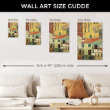 Architecture wall art size guide. Canvas prints showcasing colorful building artwork for home decor in various sizes.