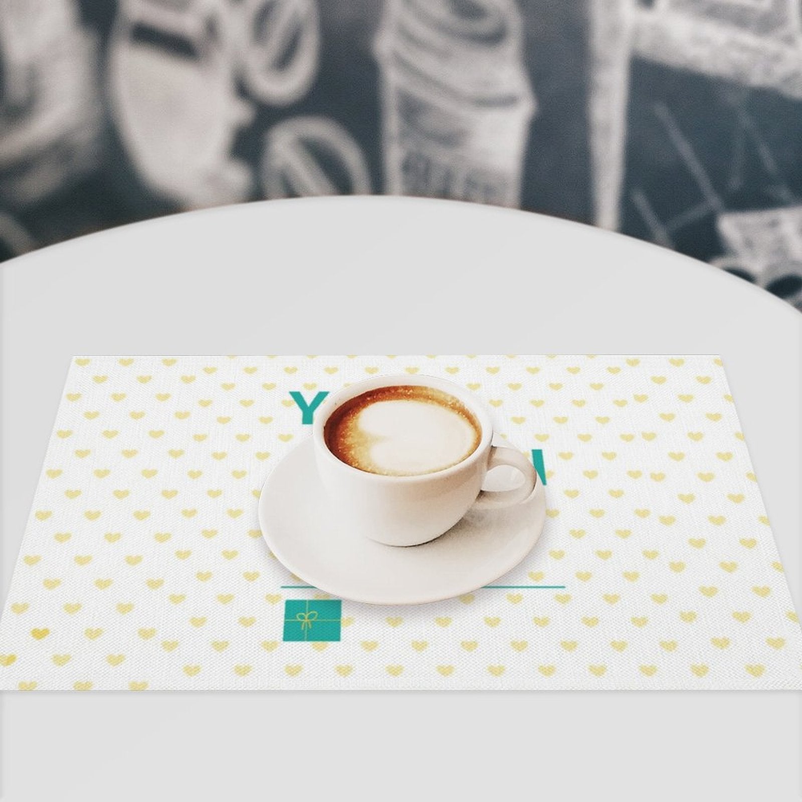 Custom placemat with yellow heart pattern, PVC material, and coffee cup, perfect for dining table decor, MyArtsyGift