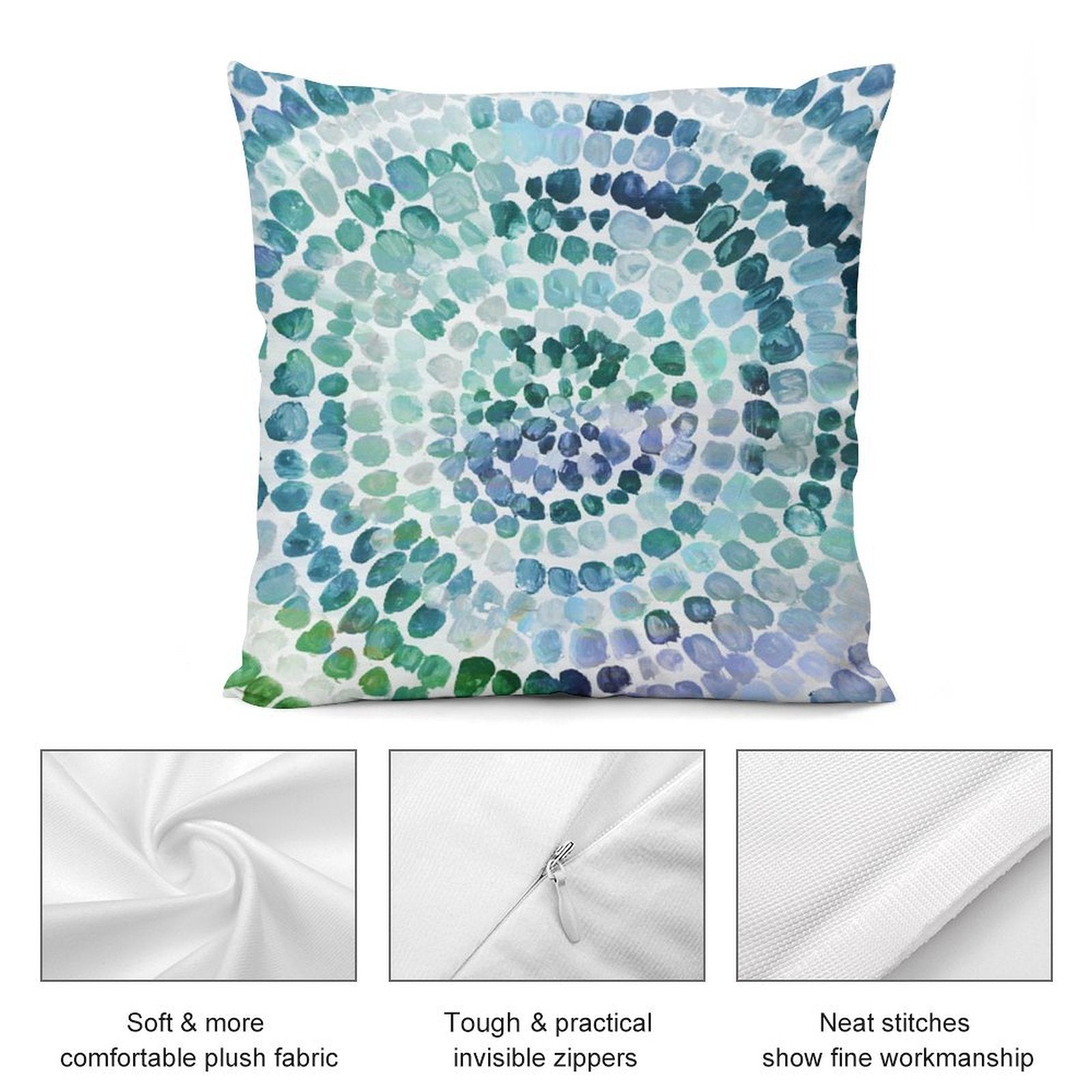 Blue and green spiral plush throw pillow cover. Features soft fabric, invisible zipper, and fine workmanship.