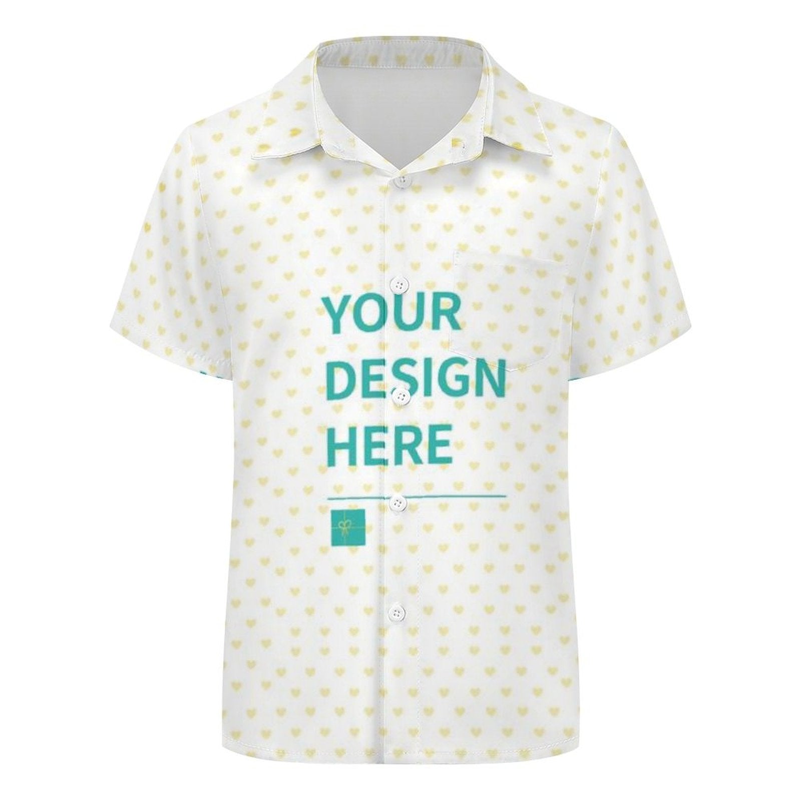 Customizable kids' polo shirt with heart pattern, white shirt with 'YOUR DESIGN HERE' text, personalized kids clothing.