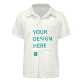 Customizable kids' polo shirt with heart pattern, white shirt with 'YOUR DESIGN HERE' text, personalized kids clothing.