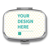 Customizable pill box featuring 'YOUR DESIGN HERE' design, perfect for personalized travel gifts. Metal with heart pattern