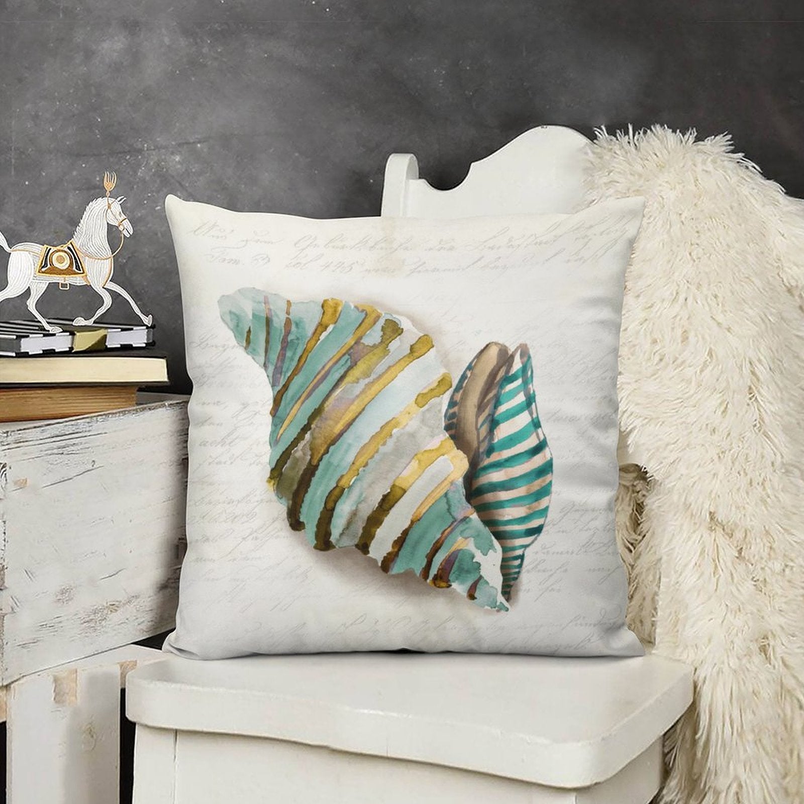 Seashell design plush throw pillow cover for sofa and living room. Soft, fluffy decorative pillow.