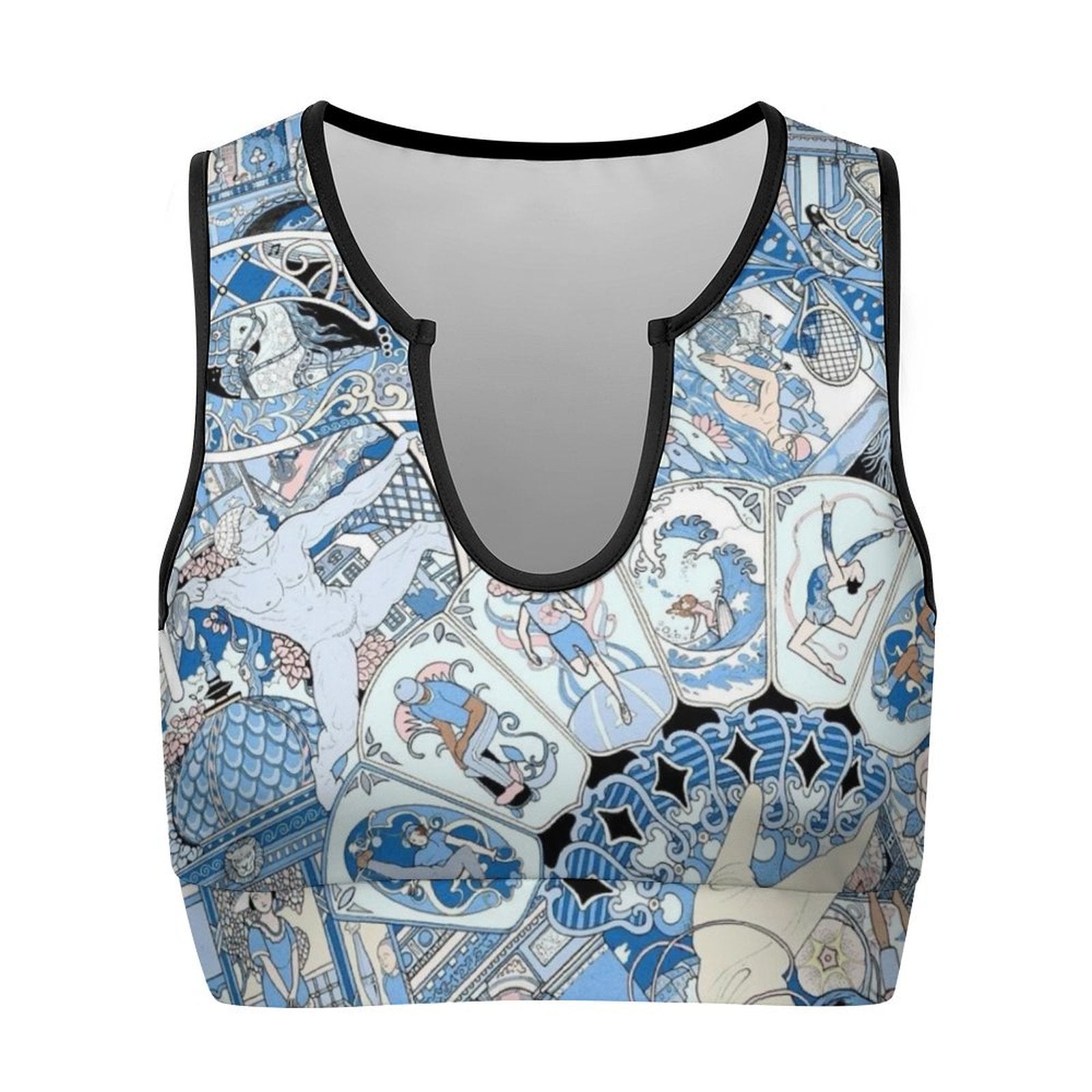 Artistic sports bra with blue pattern, featuring figures in athletic poses, perfect for workouts, yoga, and gym.