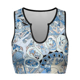 Artistic sports bra with blue pattern, featuring figures in athletic poses, perfect for workouts, yoga, and gym.
