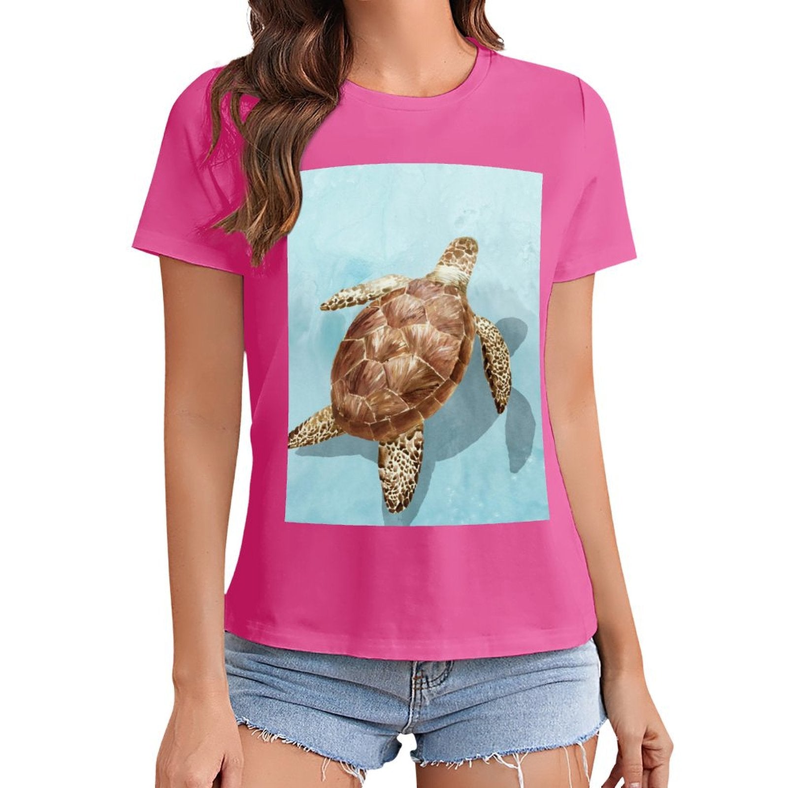 Pink sea turtle graphic t-shirt, crewneck, short sleeve, women's summer fashion, MyArtsyGift.com