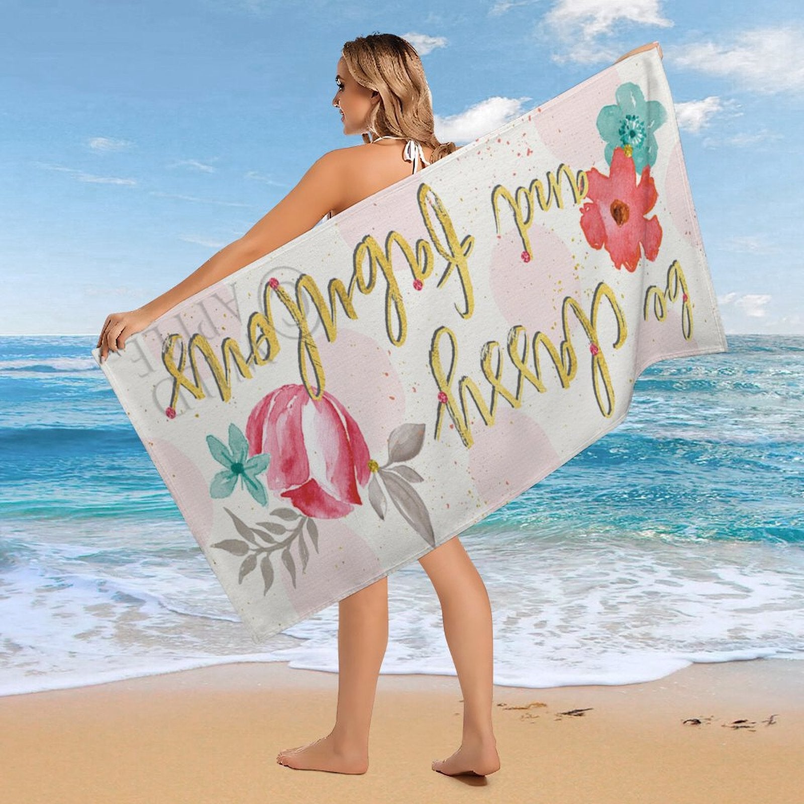 Personalized beach towel with watercolor floral and inspirational quote. Perfect for beach or vacation.