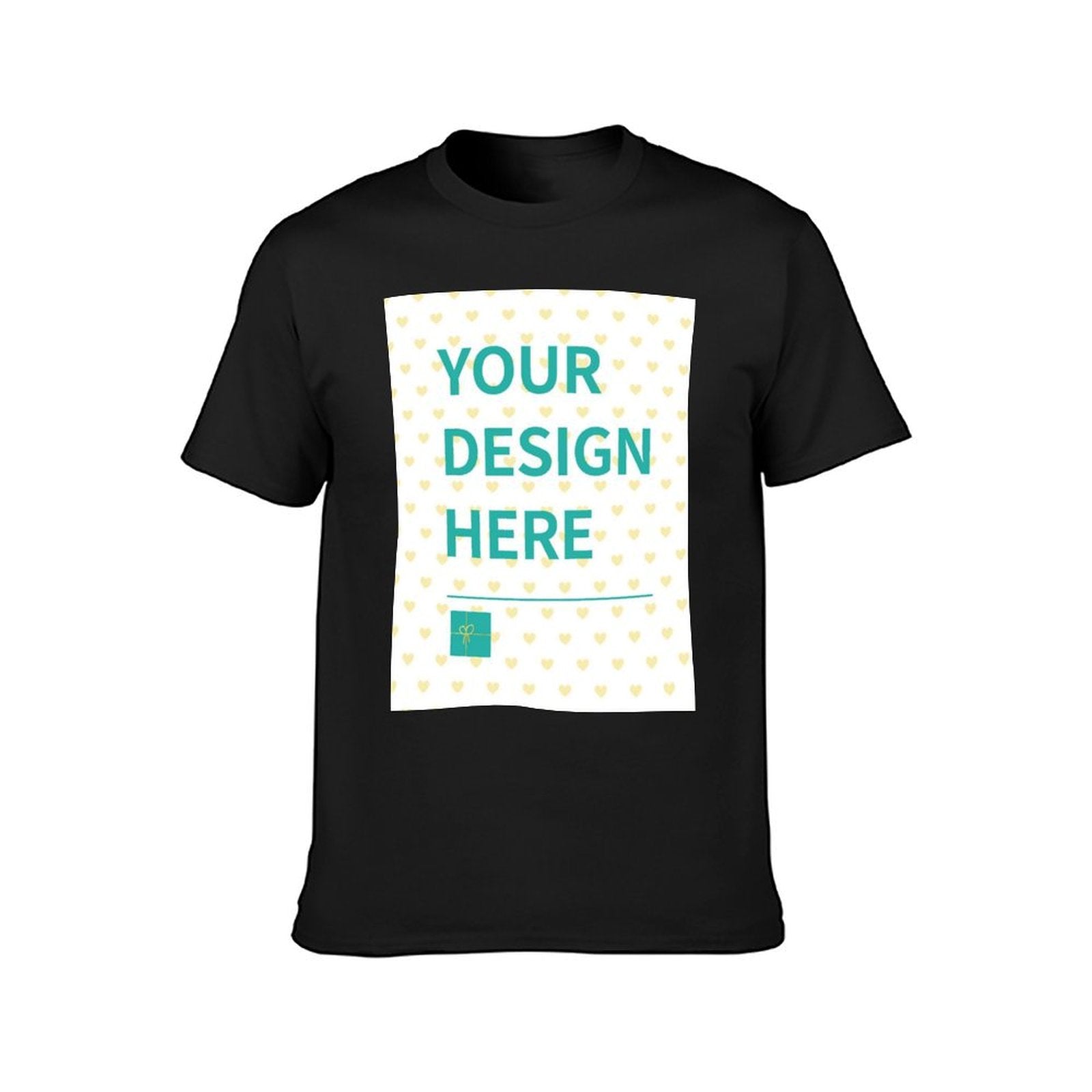 Customizable black cotton t-shirt with 'YOUR DESIGN HERE' design, MyArtsyGift