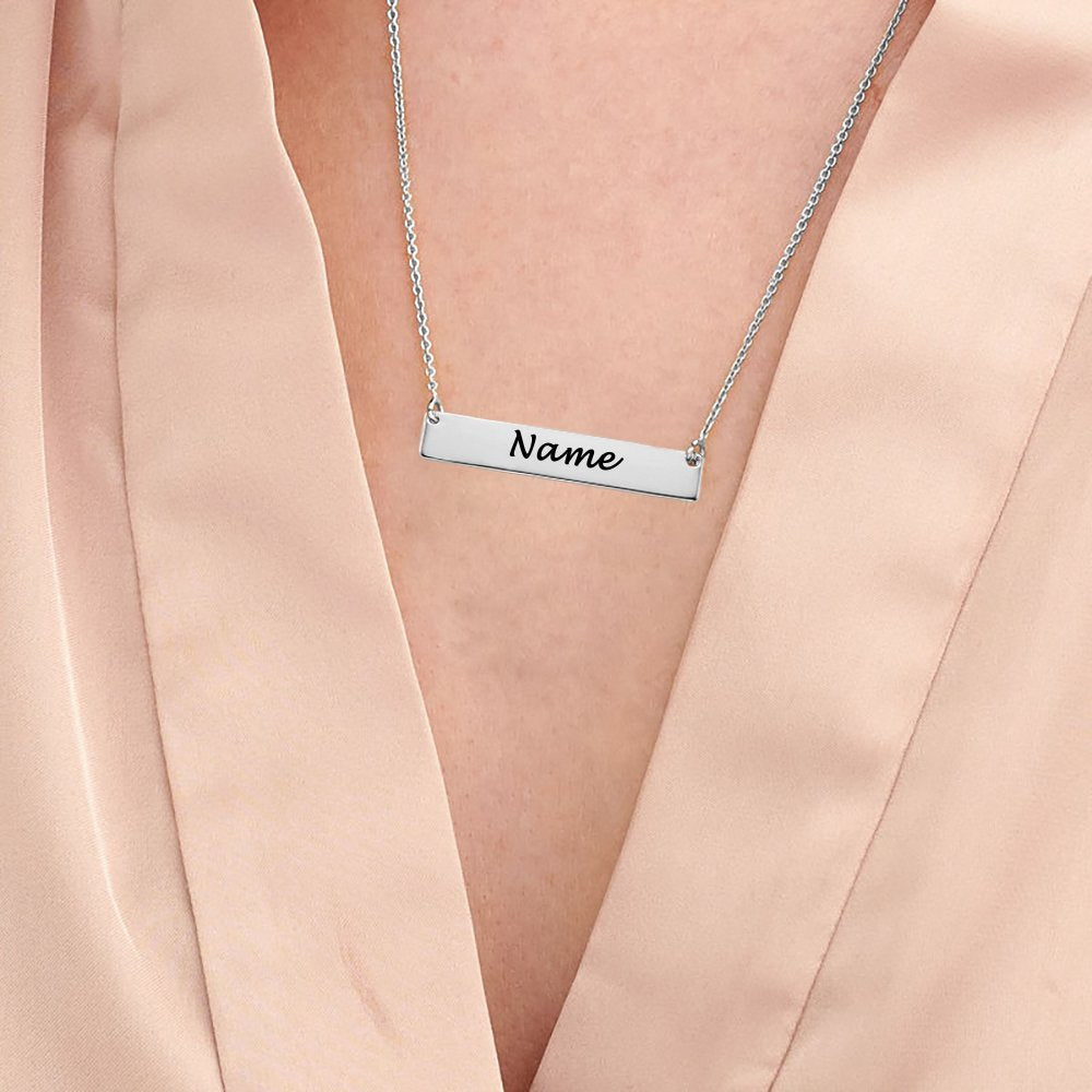 Silver Personalized Name Bar Necklace, Custom pendant jewelry gift for women and men with "Name" engraved.