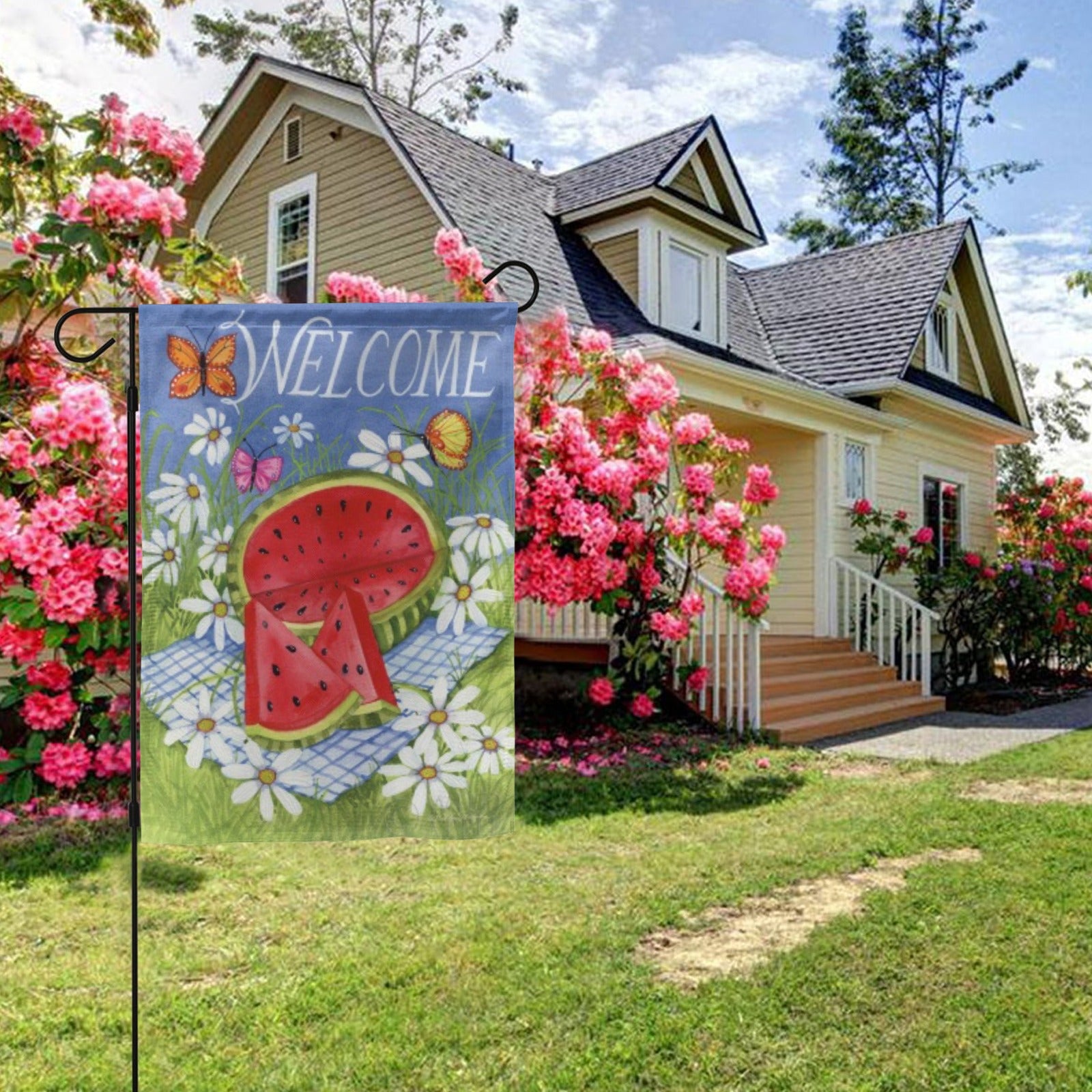 Double-sided Summertime welcome garden flag with watermelon and daisies for yard decor, polyester.