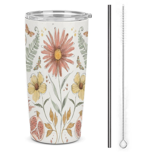 Floral stainless steel coffee tumbler with straw, perfect for gifts. Stainless steel coffee travel mug cup.