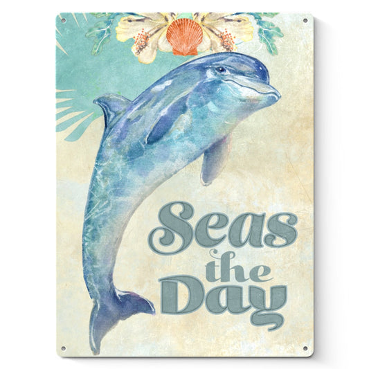 Personalized metal sign with a leaping dolphin and Seas the Day text, made in USA.