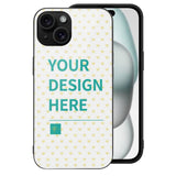 Customizable iPhone 15 case with heart pattern and 'Your Design Here' text. Made of glass+TPU material, for iPhone 15 series.