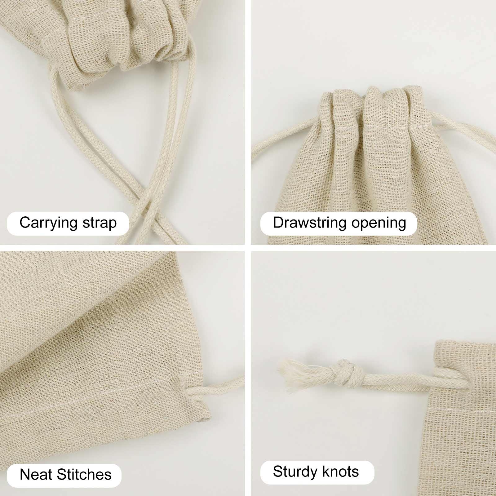 Burlap bag details: drawstring, carrying strap, neat stitches. Perfect for personalized birthday gifts