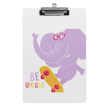 Acrylic clipboard with a cartoon purple elephant on a skateboard, inspirational 'BE UNIQUE' design